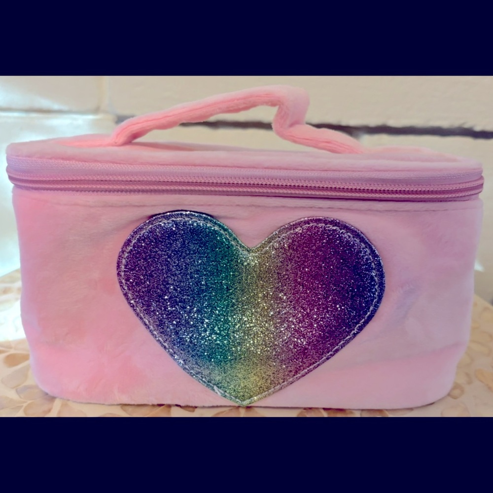 Pink Velour Heart Train Case Makeup Bag